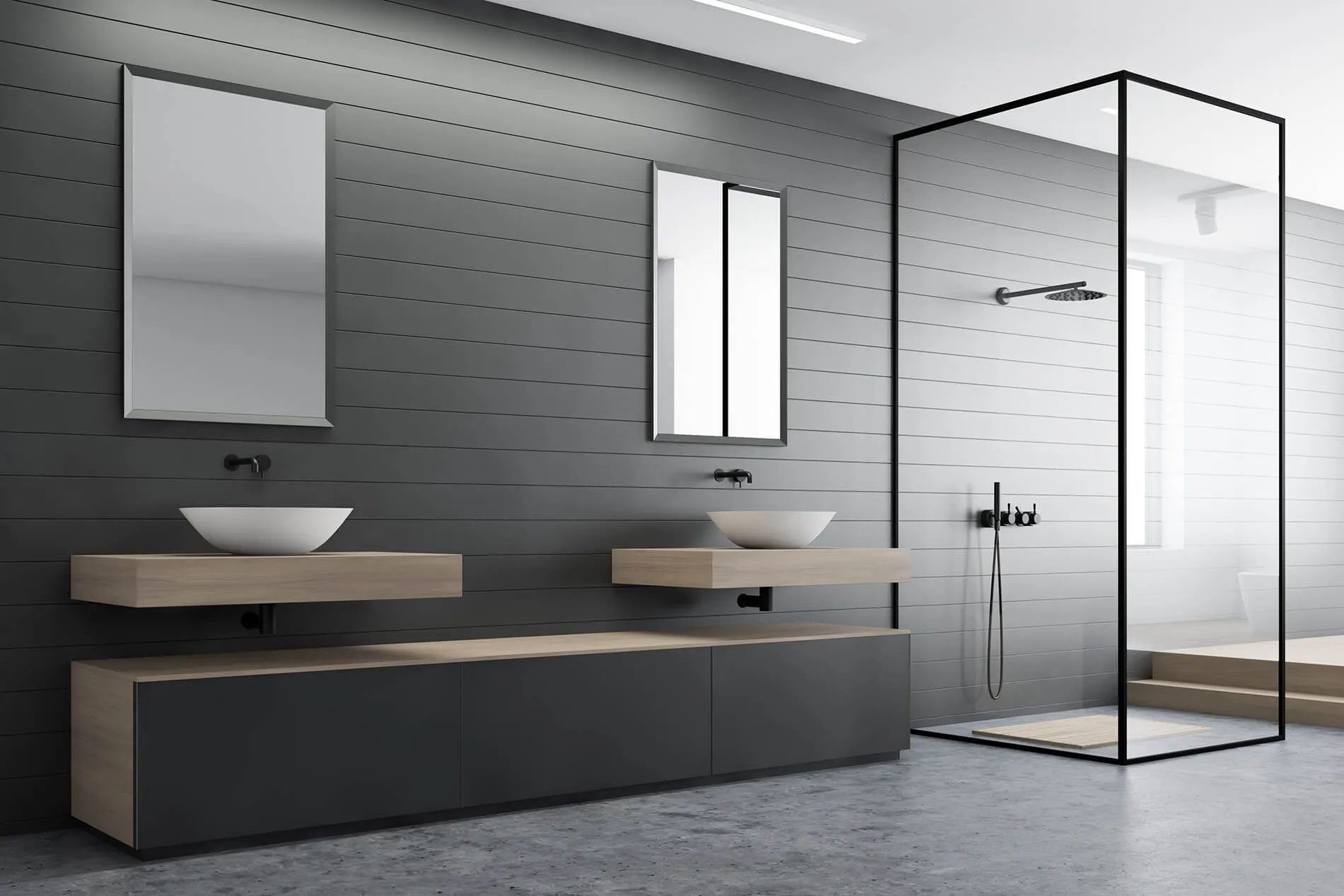 Twin floating timber vanities with vessel basins in a renovated Ballarat bathroom
