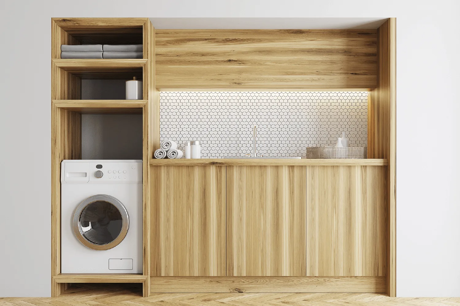 Built-in timber laundry cabinetry with washing machine in a Ballarat laundry renovation