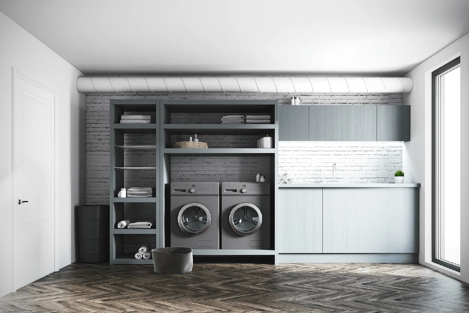 Grey laundry cabinetry with twin front-loading washer and dryer, part of a Ballarat laundry renovation